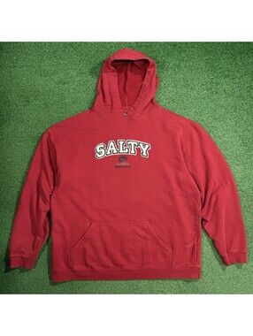 Vintage Y2K Surf Skate Hoodie Mens L Red Spell Out Chenille Streetwear Salty